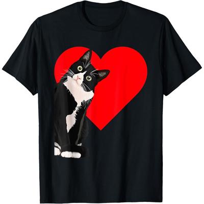 Funny Black Cat Valentine's Day Heart Tuxedo Cat Lover Cotton Men T Shirt