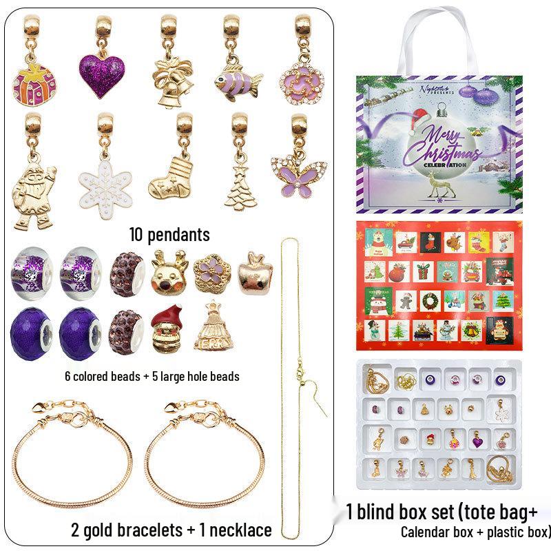 Contagem Regressiva para o Natal: Caixa de Presente Roxa com Calendário de Pulseira de Contas Douradas/Prateadas DIY