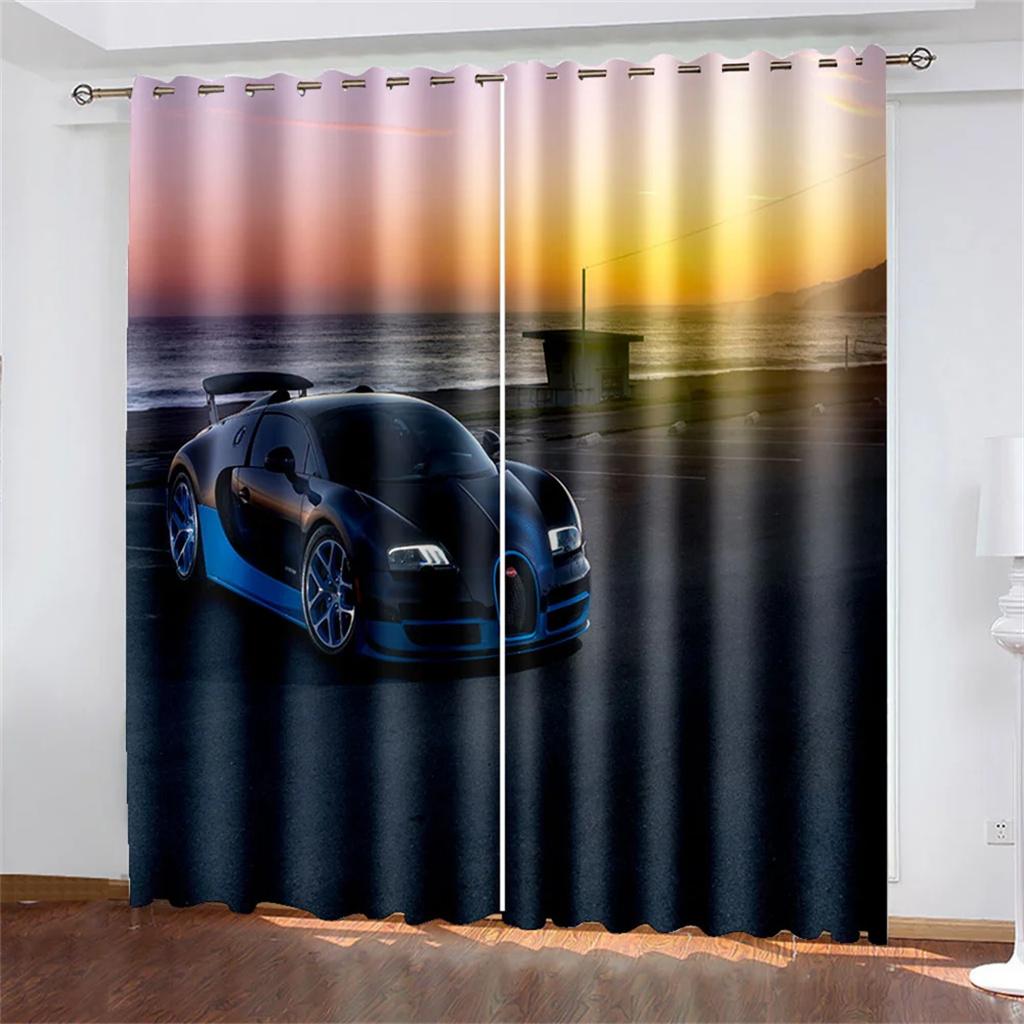 3D Luxury Sports Car Series Living Room Bedroom Home Decoration Sunshade Curtains 2 Panels of Hook Punch