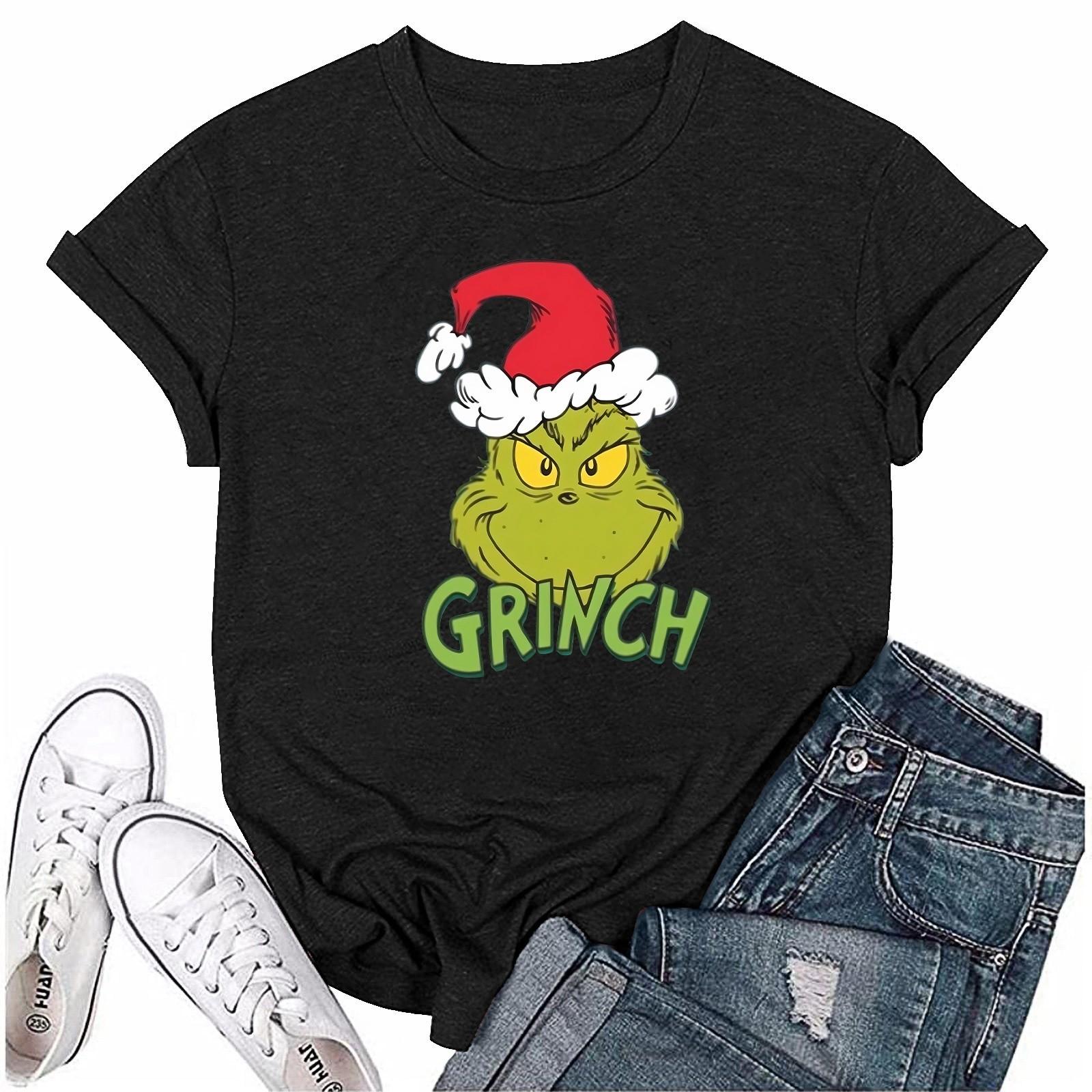 

Женский повседневный рождественский принт с короткими рукавами и круглым вырезом, свободный пуловер, топ XL чёрный