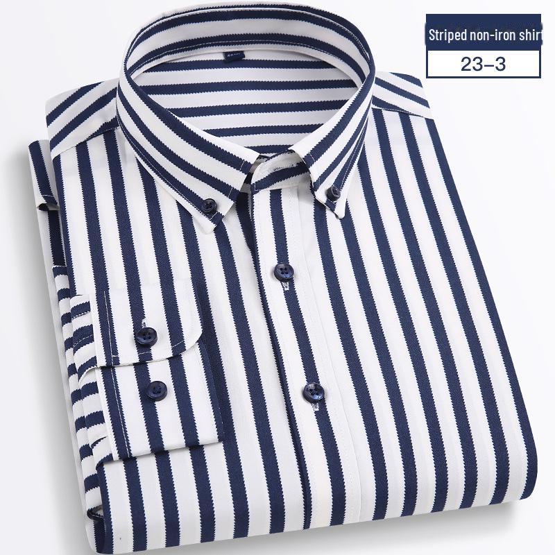 

Мужская рубашка 2025 года в полоску, с длинным рукавом, облегающего корейского кроя — повседневная деловая одежда, не требует глажки, удобная. 44