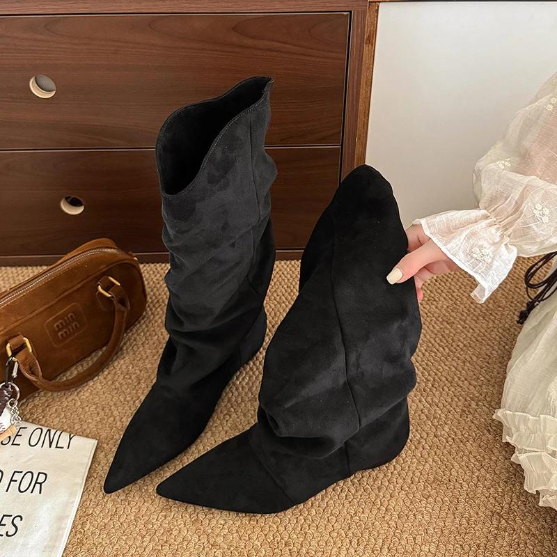 Fashion 2025 Winter Fashion Pleated Woman Knee-High Boots Pointed Toe Internal Elevation Shoes Street Style Mordern Long Botas Mujer