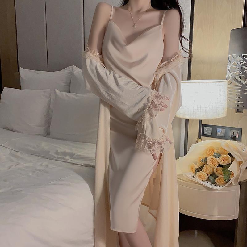 

Спящая осенняя атласная пижама с воротником-стойкой и разрезом, новая бархатная кружевная сексуальная женская пижама L