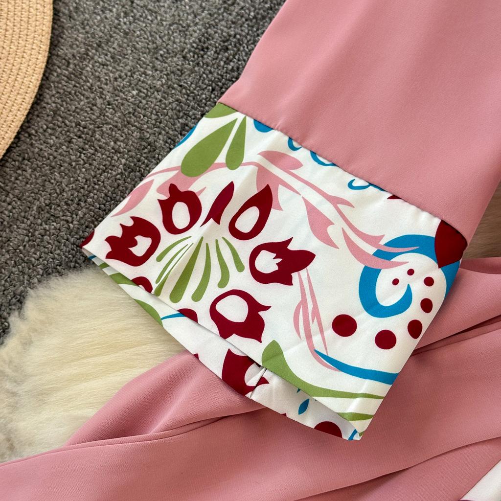 Podzimní Vintage Dámské Tištěné Patchworkové Dlouhé Šaty Elegantní O-Výstřih Vysoký Pas A-Linie Ležérní Maxi Šaty Dámské Sváteční Šaty