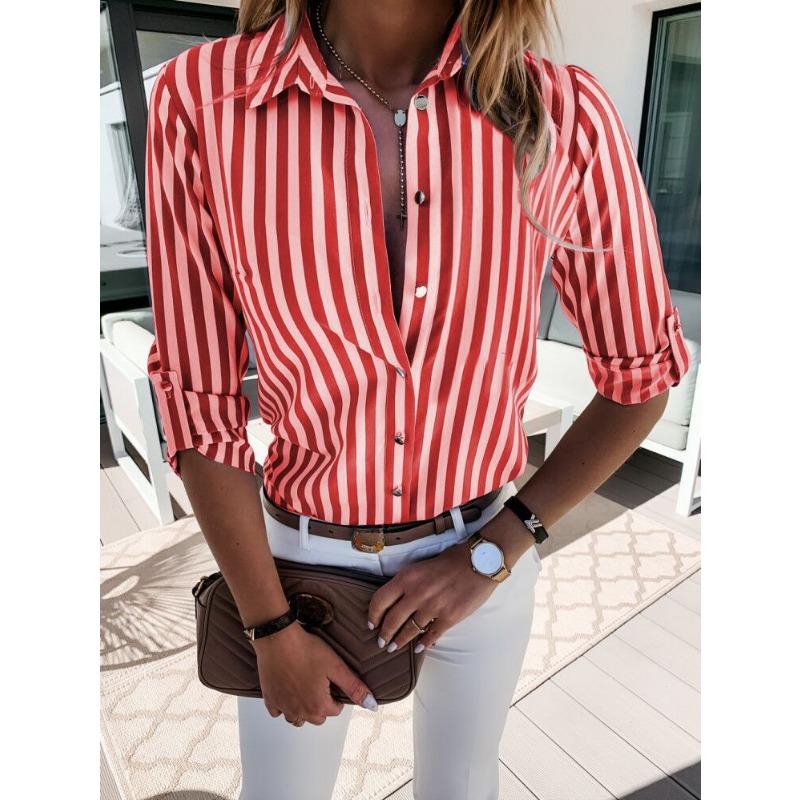 JKASHDK Women's Fashion Casual Spring Autumn Stripe Print Long Sleeve POLO Neck Blouses & Shirts