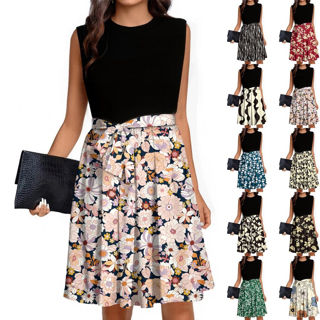 Women's Fashion Casual Lace-up Sleeveless Round Neck Splicing Short Dress