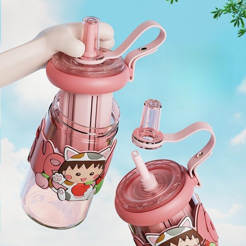 660ml Kawaii Chibi Maruko Chan Water Cup Cute Plastic Straw Cup BPA-Free Transparent Kids Bottle Birthday Gift for Girls