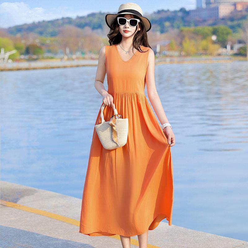 New Women's Summer Sleeveless French Silk-Cotton Beach Dress