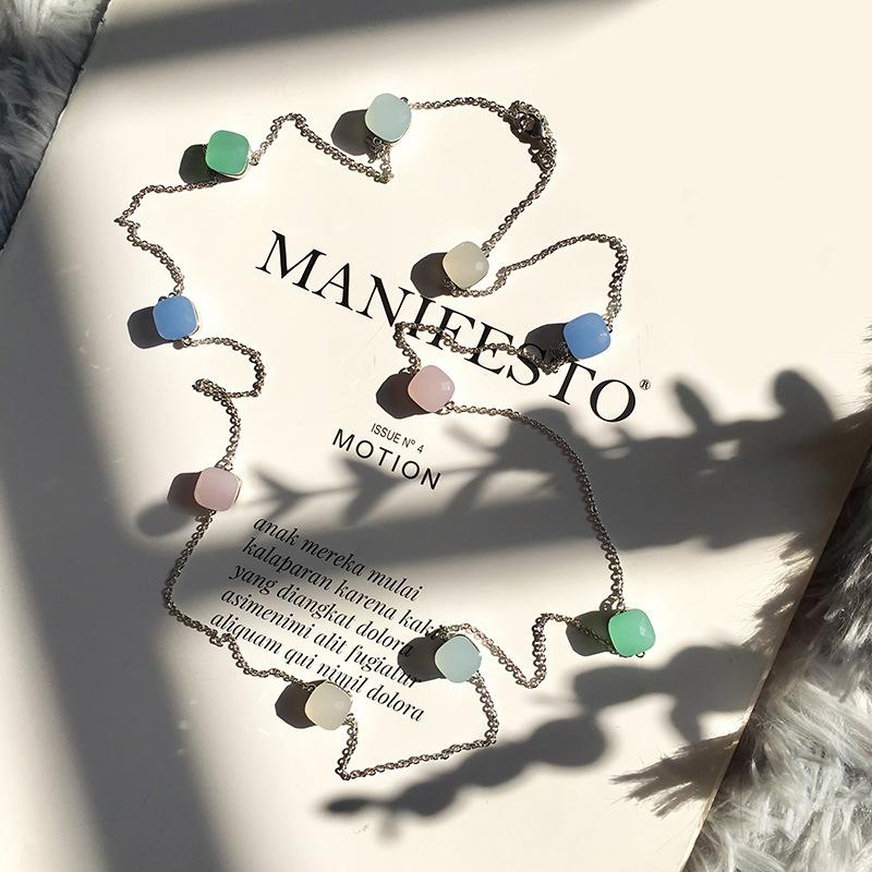 Fashion Beaded Necklaces Long Sweater Chain Necklace Faceted Colorful Candy Fruit Sugar Pendant Crystal Necklace Stainless Steel