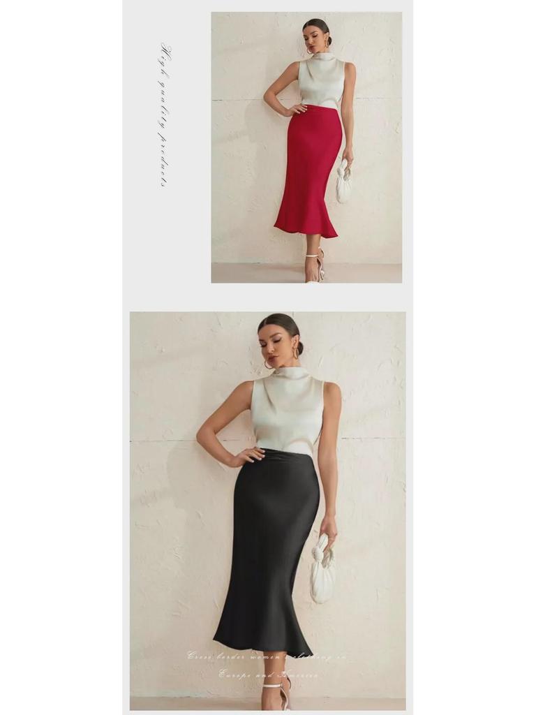 2025 Spring Women's Satin Slim Fishtail Skirt - Solid Color Medium Length