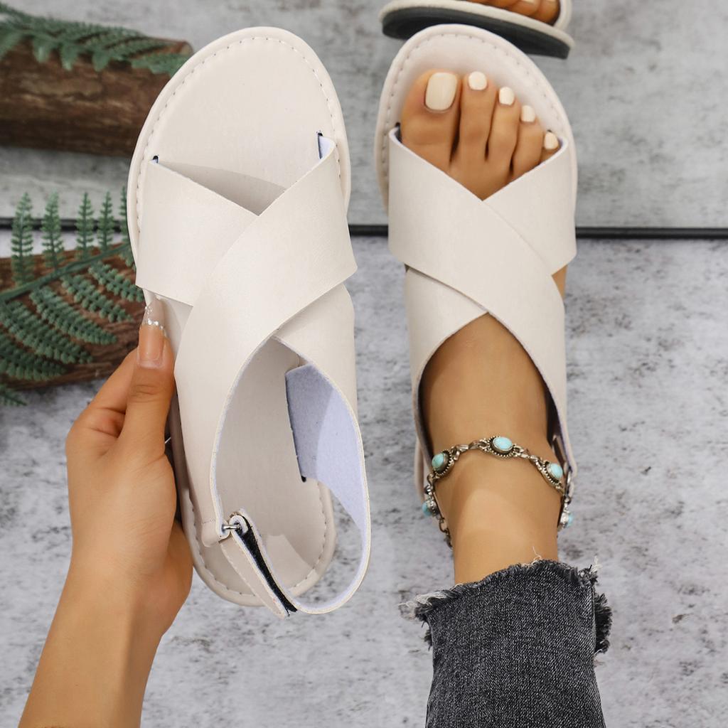 Summer Women's Cross Strap Retro Flat Bottom Wide Strap Beach Soft Bottom Sandals