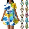 Casual Loose Fit Shirt Dress with Button Front and Stand Collar Hawaiian Print Short Sleeve Summer Beach Dress for Women