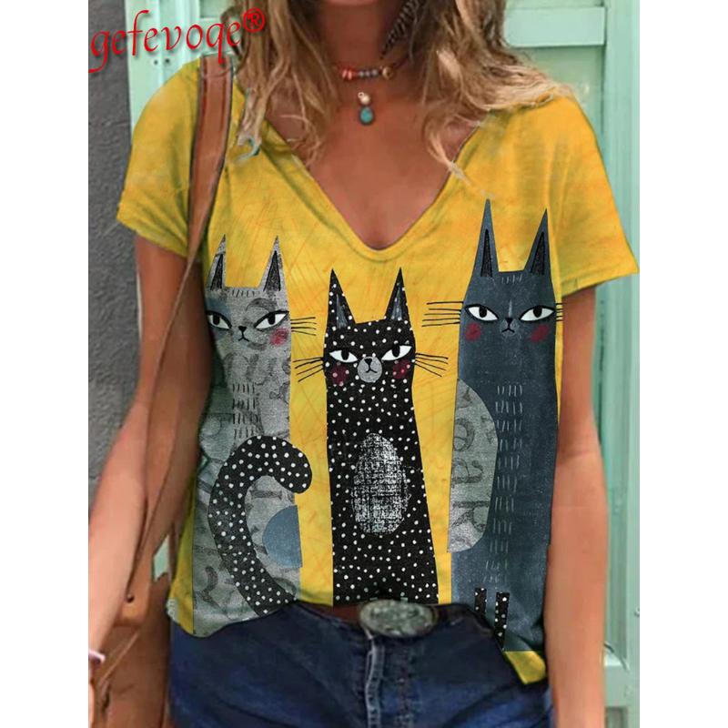 

Модные весенние блузки с принтом котят, футболки с V-образным вырезом и короткими рукавами, повседневные M жёлтый