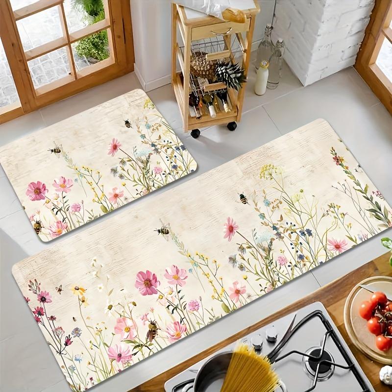 1Pcs Anti Fatigue Kitchen Rugs,Floral and Bee Print Waterproof Non-Slip Thick Cushioned Kitchen Mat Heavy Duty Comfort Standing Mat for Kitchen