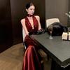 Premium Luxury Dinner Red Neck Sequin Dress Deep Sexy Halter Dress Hip Wrap Dress