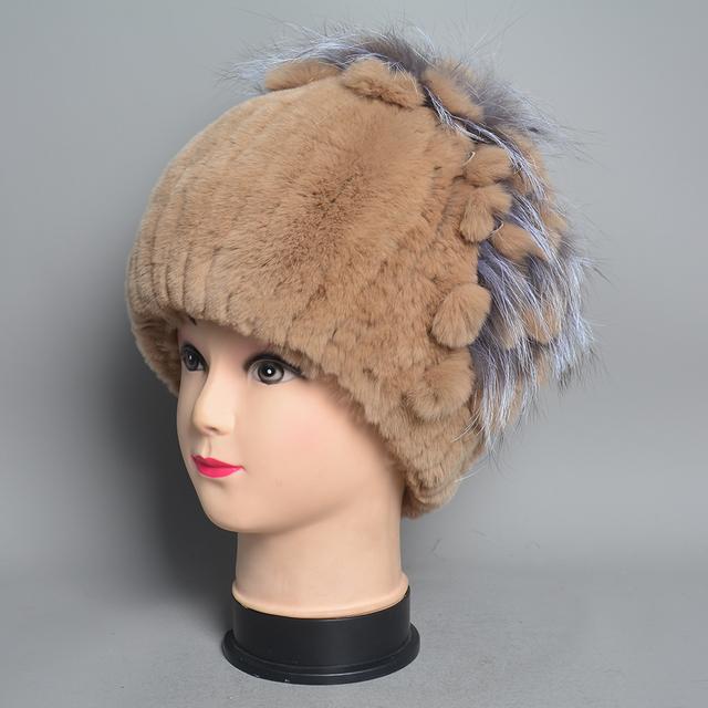 New Luxury Women Fur Hat For Winter Handmade Natural Rex Rabbit Fox Fur Cap Fluffy Female Fur Headgear Brand Warm Beanies Cap