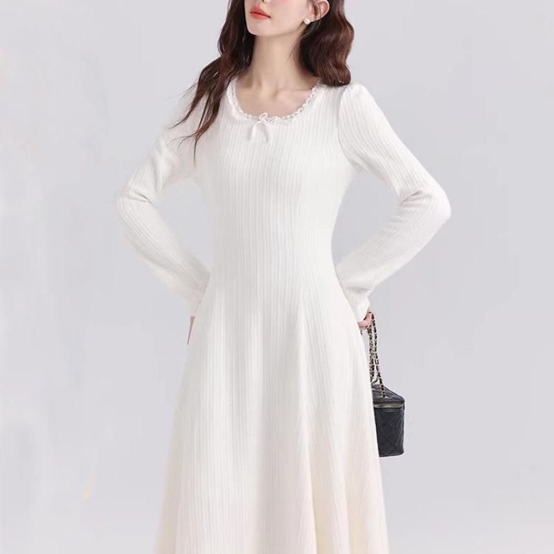 Elegant Pure White Lace Long Dress for Women - Perfect Base Layer for Autumn/Winter 2026, Pair with a Coat