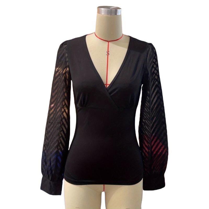 Women Solid Patchwork Deep V Neck Long Sleeve Knit Chiffon Blouse Top