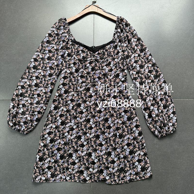 

Export Lu * H Pure Original High Waist Slim Looking Long Sleeves Chiffon Dress Cute Lace Edge Vintage Floral Mini Skirt for Women Black Floral Dress S