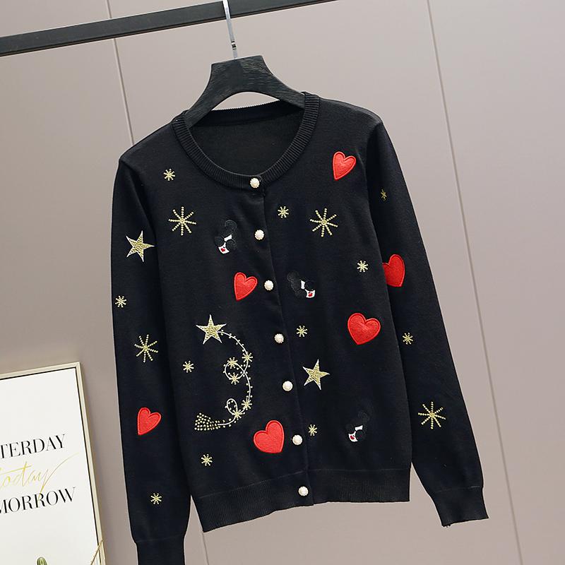 Autumn Women Designer Embroidery Heart Single Breasted Knitted Sweater Coat Jacket