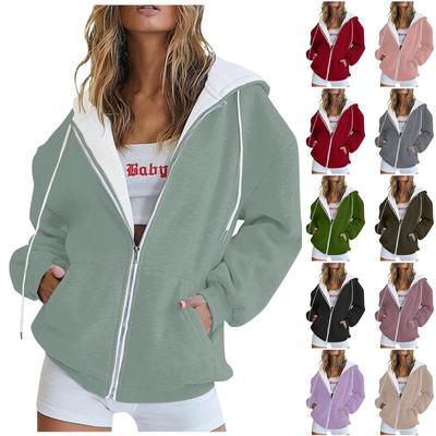Women's  Fashion Zipper Hoodie Long Sleeve Hooded Pullover Sweatshirt Casual Solid Color Tops With Pockets