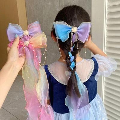 Acessórios de Cabelo da Moda Novos Meninas Fofas Pérola Colorido Chiffon Laço Fita Grampos de Cabelo Crianças Doce Princesa Presilhas de Cabelo para Meninas
