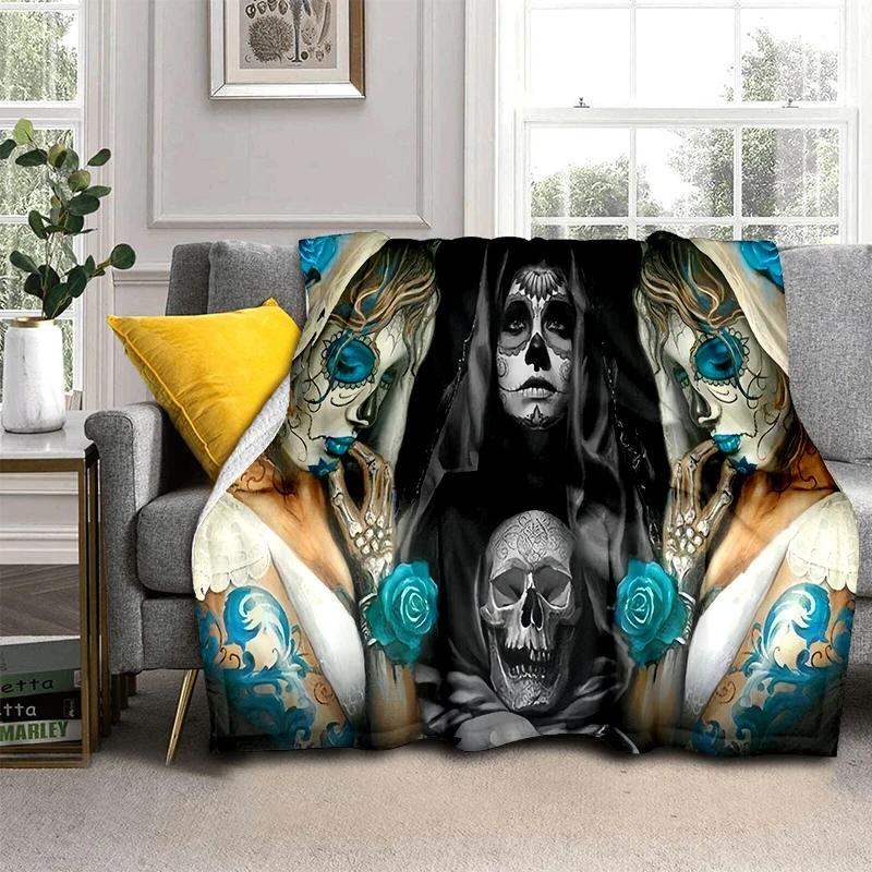 Gotisch Schedel Gezicht Roos Vrouw Verschrikkelijke Cartoon Deken, Zachte Plaid Deken voor Huis Slaapkamer Bed Bank Reis Picknick Cover Kinder Cadeau