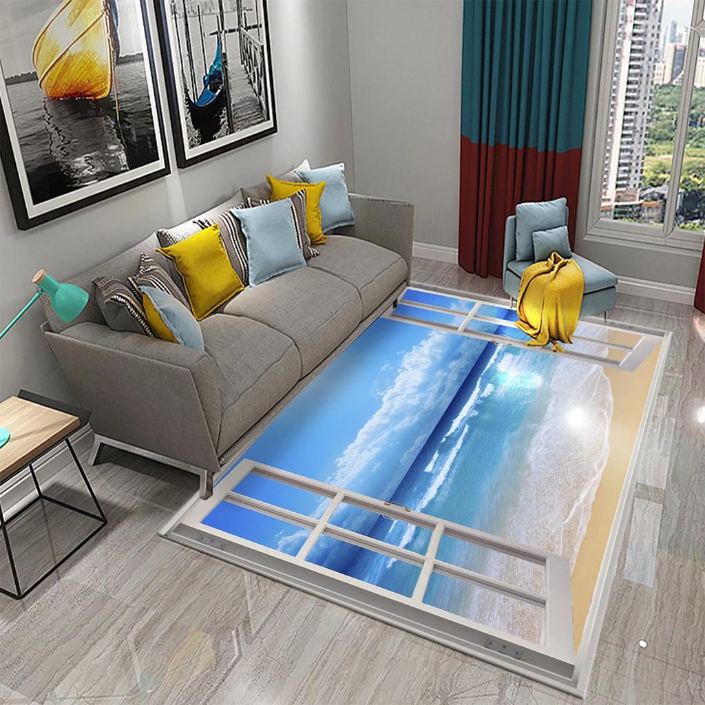 Tapete 3D Moderno Cenário de Janela Bela Vista Fora da Janela Tapetes Cozinha Banheiro Tapete Antiderrapante Sala de Estar Quarto Decoração Tapetes