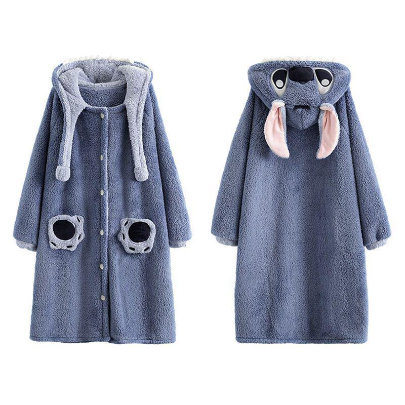 Stitch Cartoon Couple Pajamas - Autumn Winter Coral Fleece Long Robe Set for Men and Women