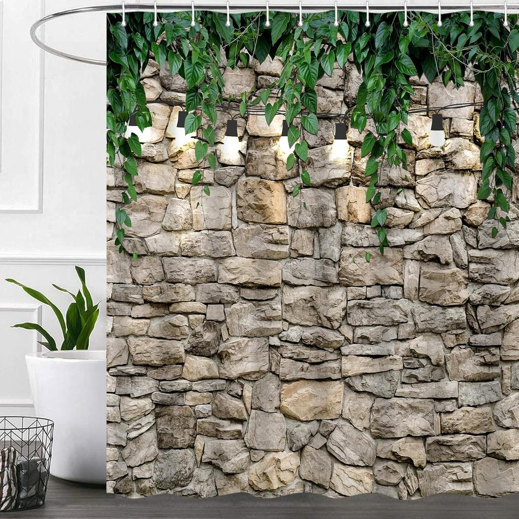 iTapnoom Vintage Stone Wall Shower Curtain, Green Plant Leaves Rustic Farmhouse Country Fabric Shower Curtain Set for Bathroom D