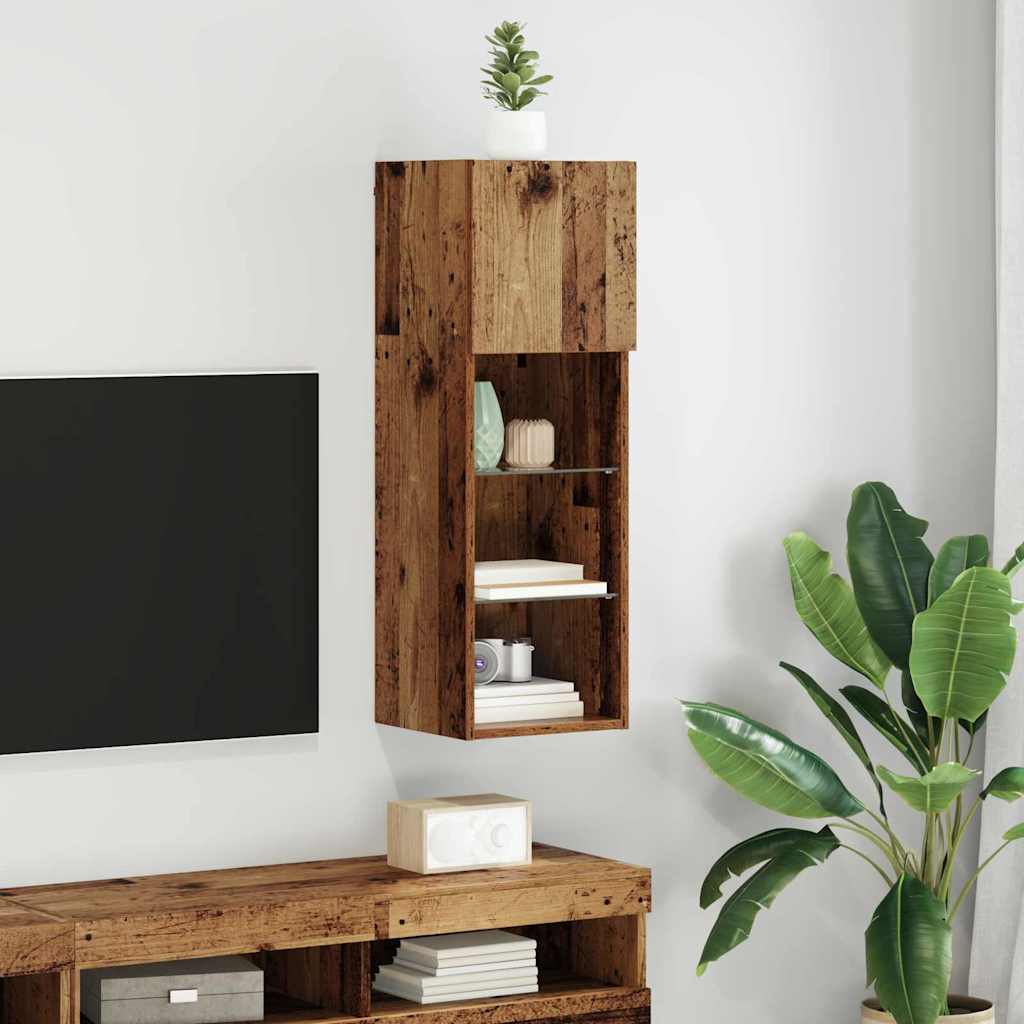 Wall Mounted TV Cabinet with LED Lights Reclaimed Wood Look 30.5 x 30 x 90 cm