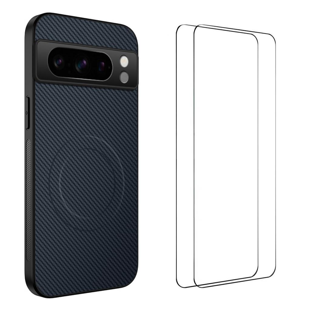 For Google Pixel 8 Pro Magnetic Case WANLONFENG TQ1 Series Carbon Fiber Texture PC TPU Phone Cover with 2Pcs Screen Films