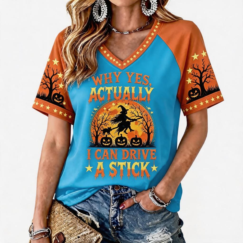 Women's Halloween Print Raglan Short Sleeve T-Shirt
