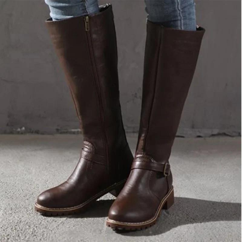 Women Leather Knee High Boots Women's Buckle Long Knight Boots Female Combat Boots Women Low Heels Shoes Plus Size 43