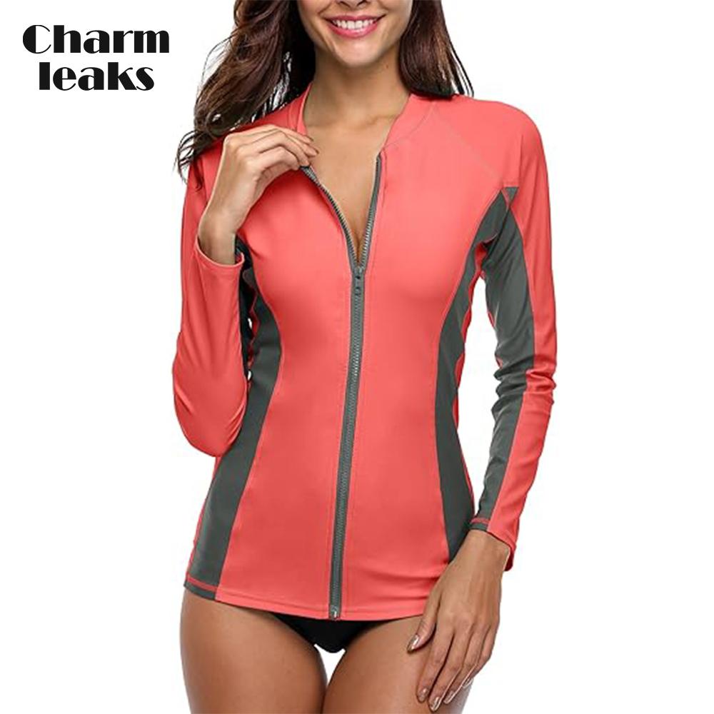 CHARMLEAKS Women Long Sleeve Zipper Rashguard Swimsuit Surfing Top Rash Guard Zipper UPF50+ Swimwear