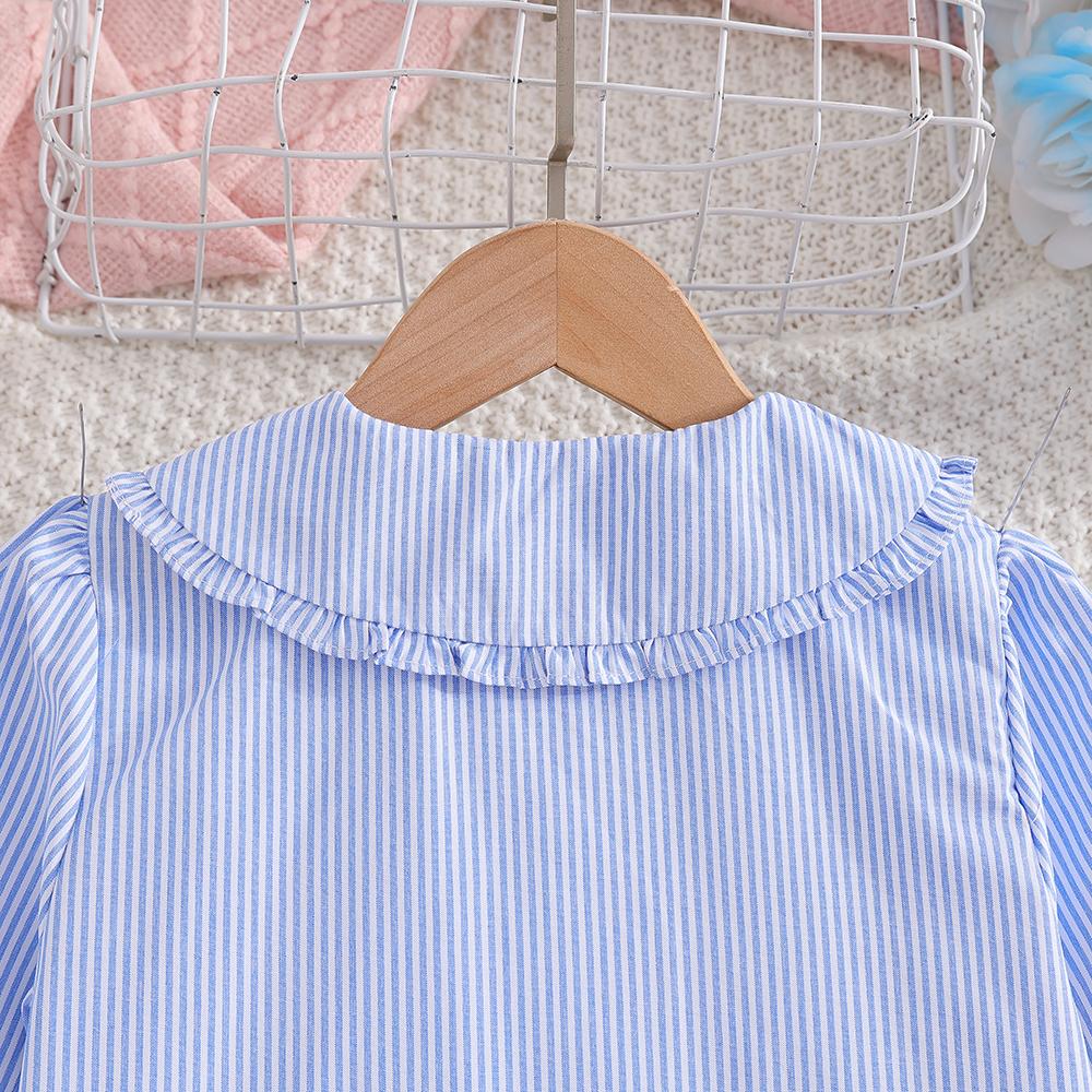 Girls Blue Striped Long Sleeve Shirt Ruffled Collar Blouse with Bow for Kids 5-12 Years Autumn New Children's Clothing