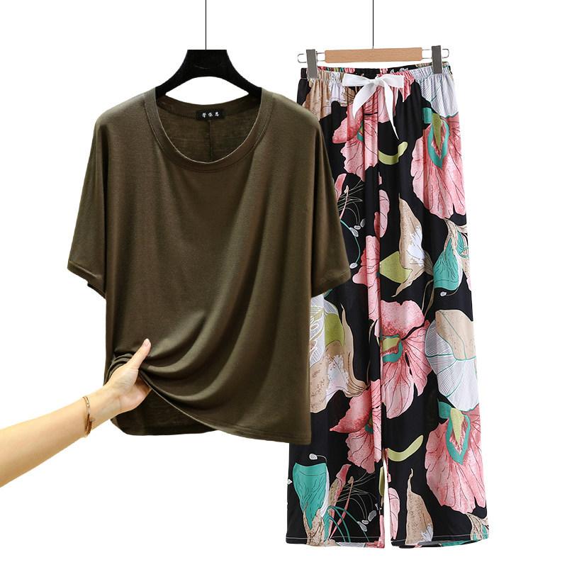 T-shirt girocollo in modal con pantaloni a gamba larga floreali in popeline Set pigiama estivo sottile Tuta casual larga per dormire Loungewear comodo tutto da abbinare