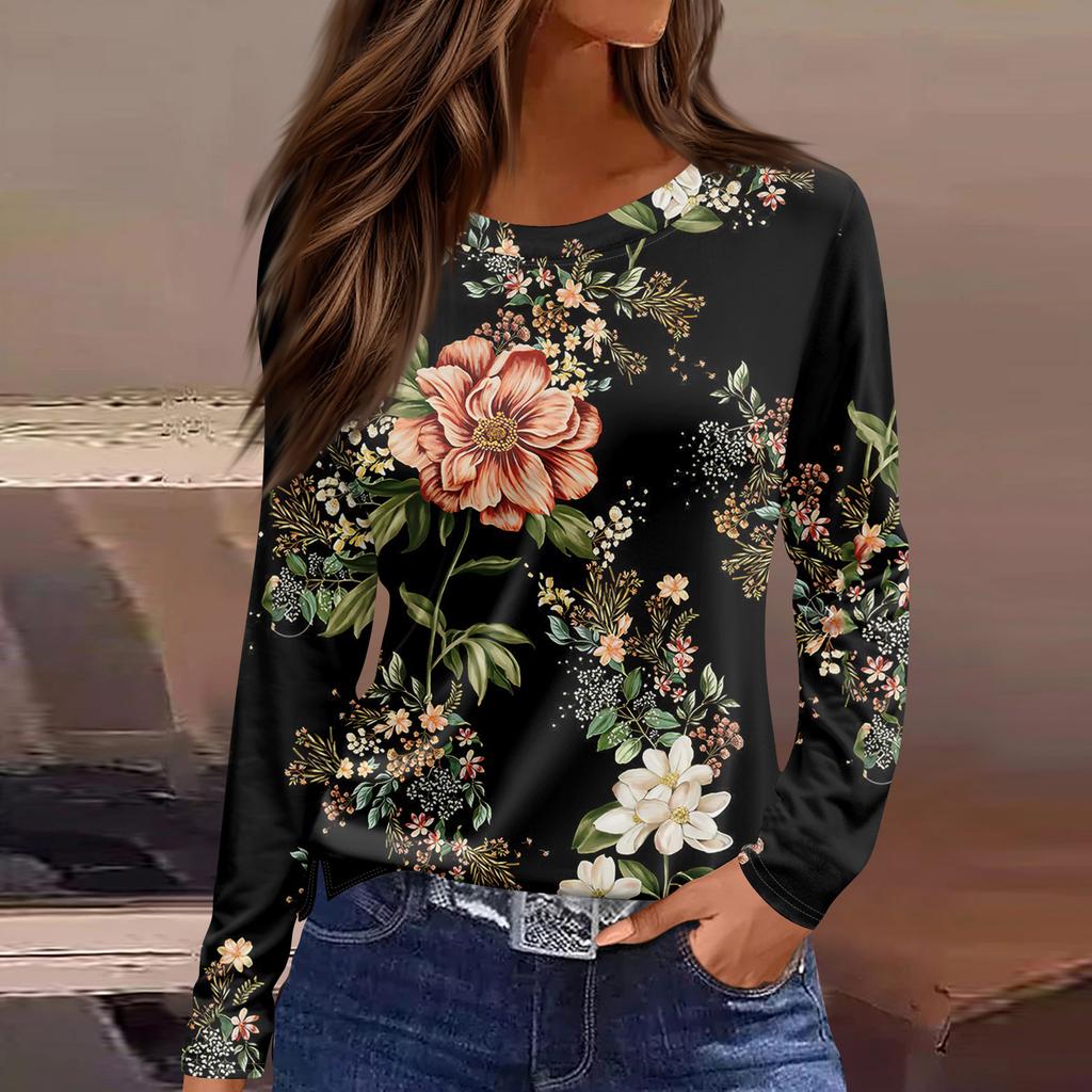 Damenmode Lässig Schlitz Saum Rundhals Langarm Lose Bedrucktes T-Shirt Damen Top