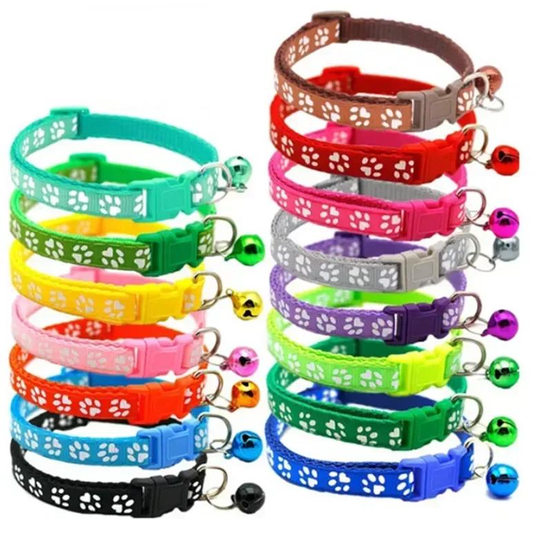 Pet Collar With Bell Cartoon Footprint Colorful Dog Puppy Kitten Adjustable Safety Ring Necklace Accessories