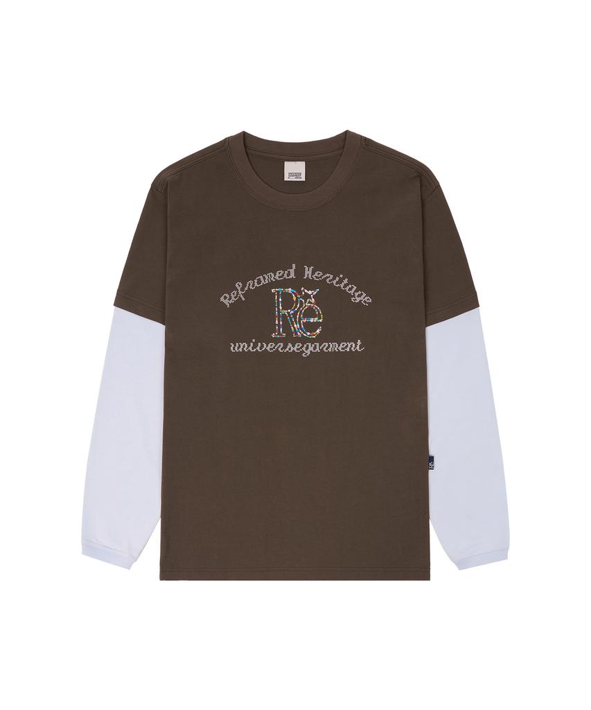 UNIVERSE GARMENT Layered Graphic Long Sleeve T-Shirt_Brown