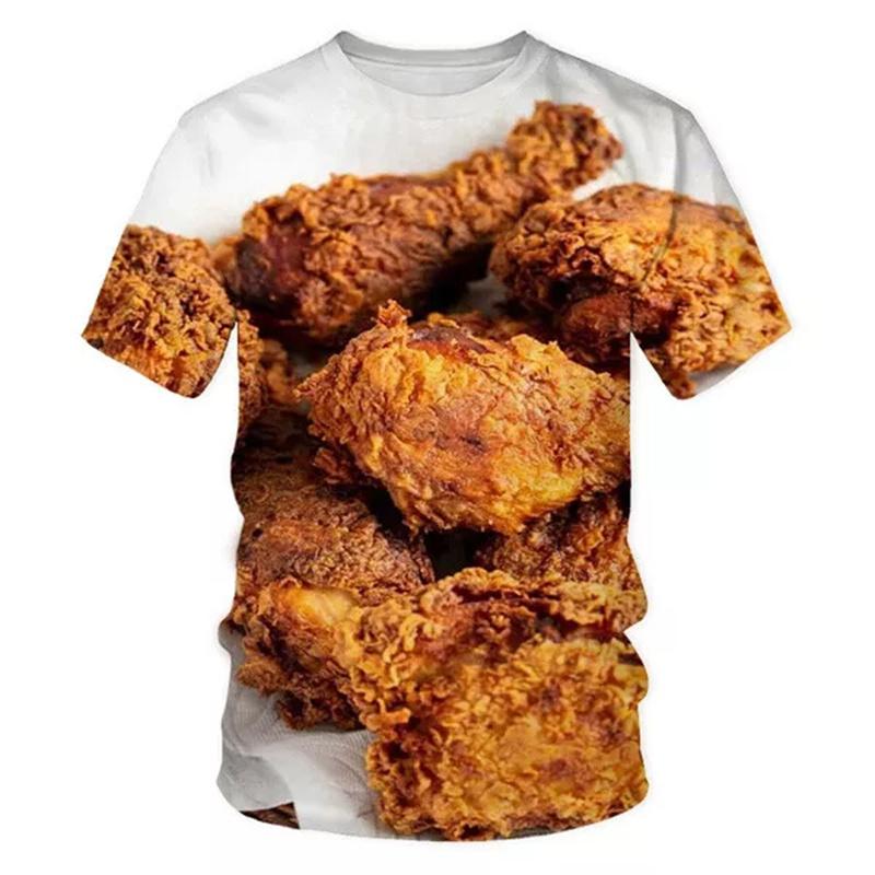 Fried Chicken Pie Pattern T-shirt for Men, Fun and Humorous Food Short Sleeve Clothing, 3D Printed Design, Summer Round Neck Tops 3XL