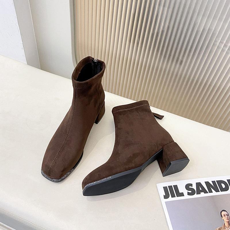 Classic French Suede Short Boots Women's 2025 Autumn and Winter Thick Heel Square Head Versatile Thin Boots Korean High Heel Fashion Boots