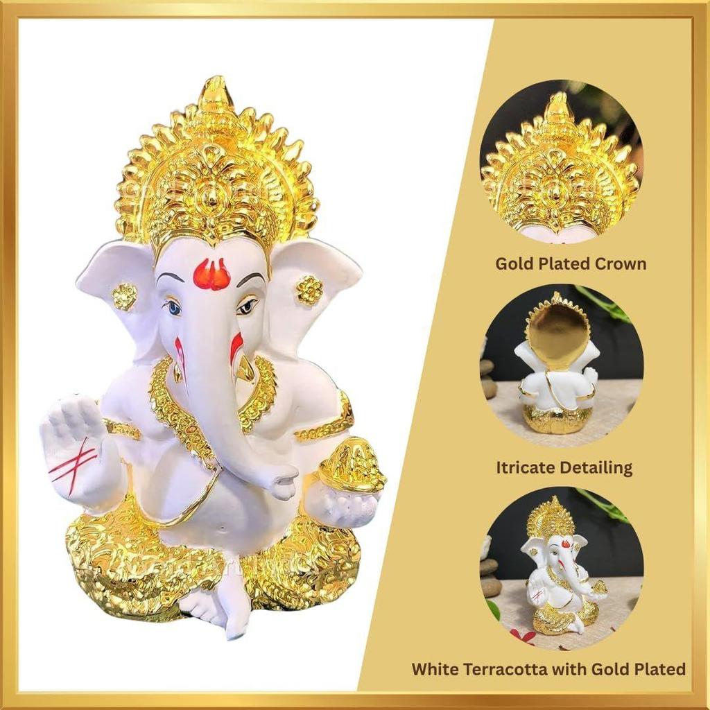 Ganesh Idol for Car Dashboard God Ganesha Idol for Home Decor Ganpati for Gift Home Office Table Shelves Diwali Gifting 3.5 Inches Gold White Mukut