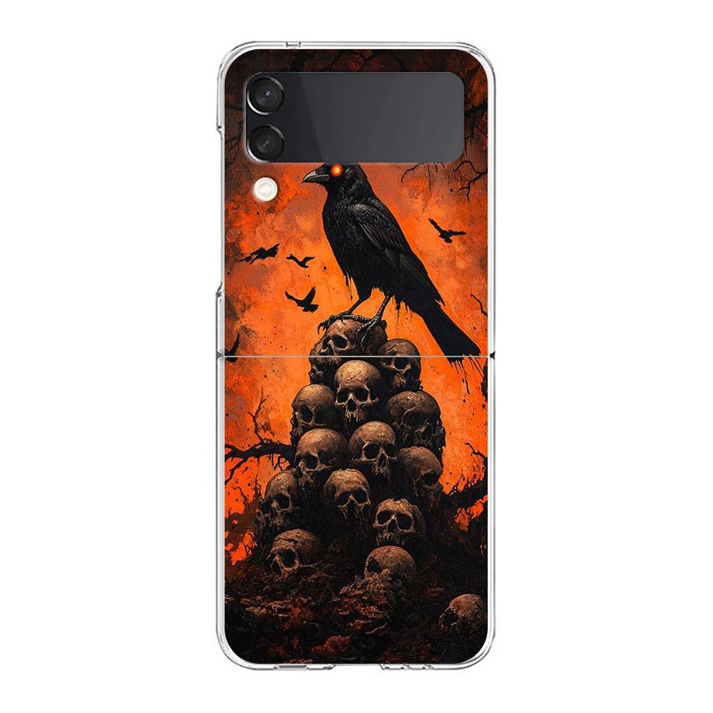 Phone Cover For Samsung Galaxy Z Flip 7 6 5 4 Case Transparent For Samsung Z Flip 3 Hard PC Foldable Shell Raven Crow Skull Bags