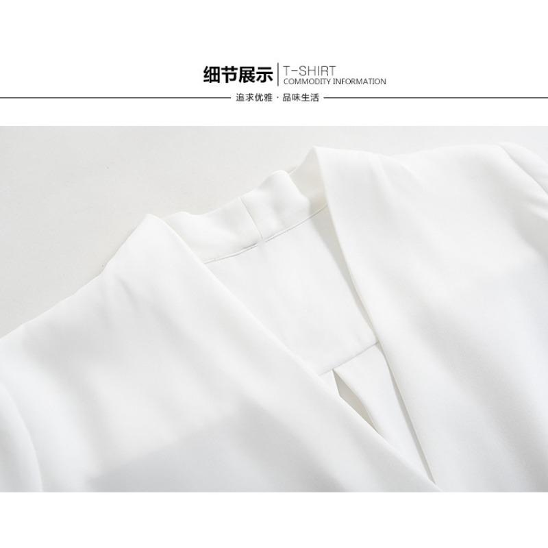 Women Solid White V Neck Short Sleeve Loose Casual Office Blouse