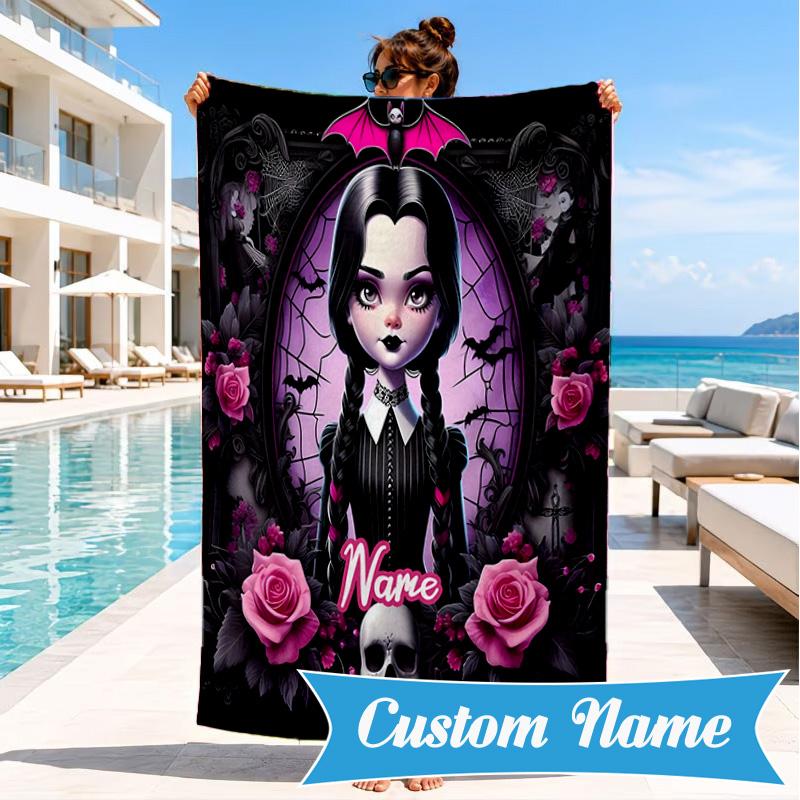 Custom Name Gothic Addams Beach Towel, Soft Quick-Dry Beach Towel, Ideal for Pool, Camping, Perfect Travel Essential Gift