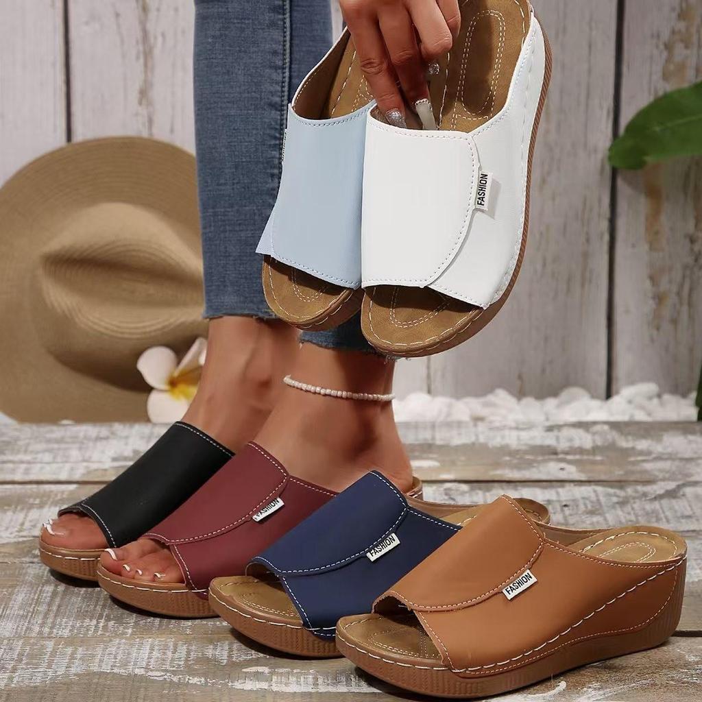 Large Size 43 with Sloping Heel and Thick Bottom Fish Mouth Sandals, Summer Beach Open Toed Shoes with Rocking Line