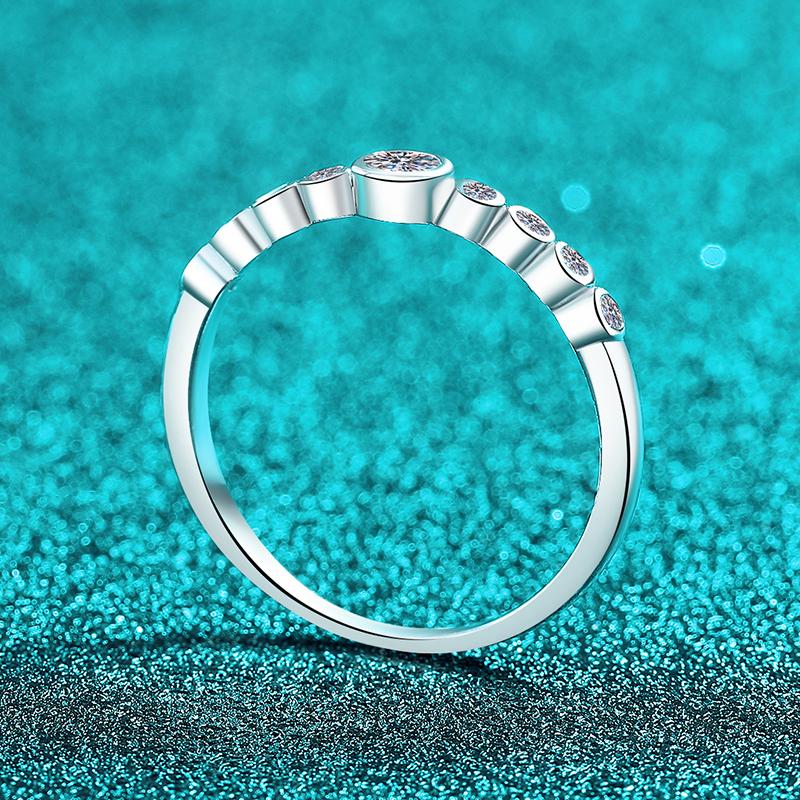 925 Sterling Silver Rhodium Plated GRA Certified Moissanite Bezel Set Row Ring Cut Center Stone Graduated Side Stones Minimalist