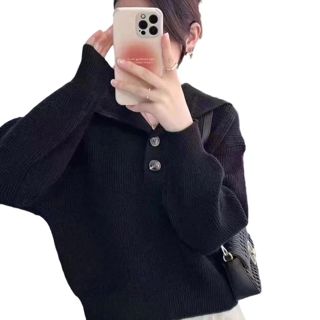 Design sense solid color loose knitted sweater women wear fashionable retro big lapel sweater women autumn and winter lazy wind