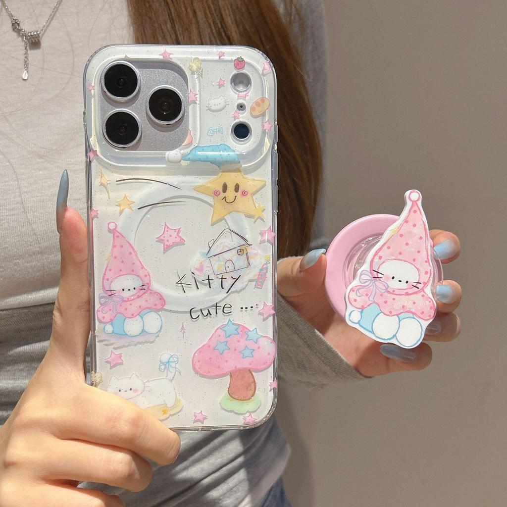 Sweet Mushroom Cat Oil Painting Magnetic iPhone Case for 14/15/16/17 Pro Max